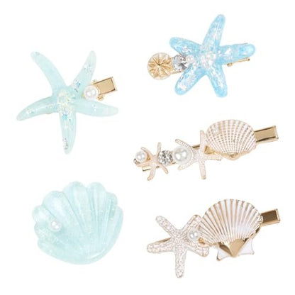 5 PCS Shell Pearl Starfish Hair Clip Set – Princess Mermaid Hair Accessories for Women, White & Blue
