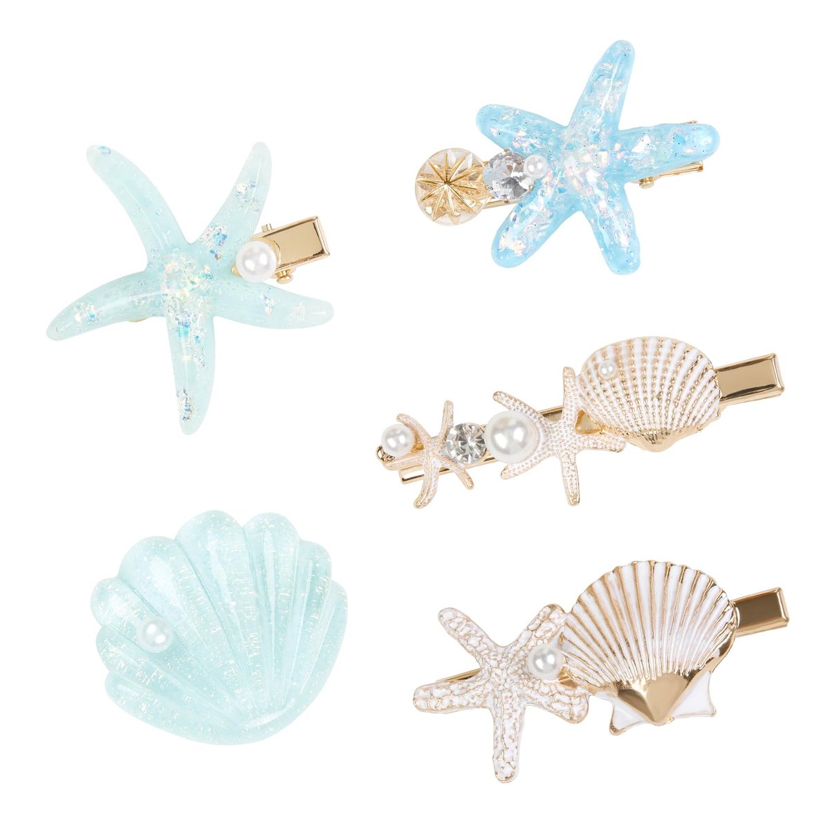 5 PCS Shell Pearl Starfish Hair Clip Set – Princess Mermaid Hair Accessories for Women, White & Blue - görsel 1