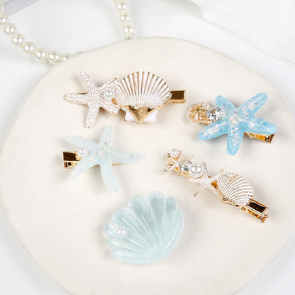 5 PCS Shell Pearl Starfish Hair Clip Set – Princess Mermaid Hair Accessories for Women, White & Blue