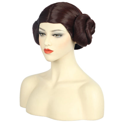 karlery Women Short Dark Brown Wig with Two Buns Princess Cosplay Wig Heat Resistant Synthetic Fiber Breathable Adjustable Size for Halloween Costume Party