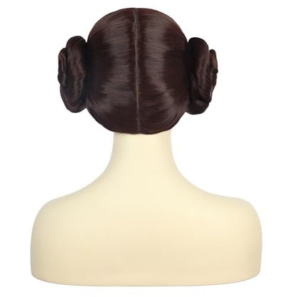 karlery Women Short Dark Brown Wig with Two Buns Princess Cosplay Wig Heat Resistant Synthetic Fiber Breathable Adjustable Size for Halloween Costume Party