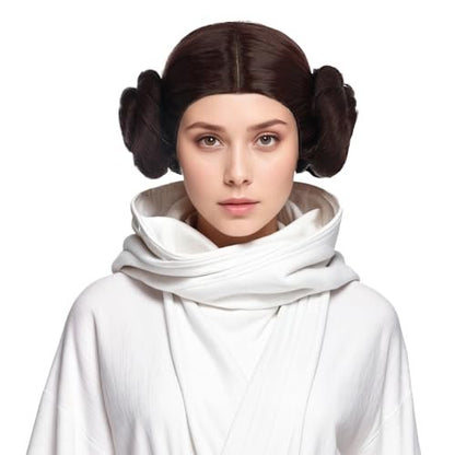 karlery Women Short Dark Brown Wig with Two Buns Princess Cosplay Wig Heat Resistant Synthetic Fiber Breathable Adjustable Size for Halloween Costume Party
