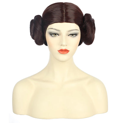 karlery Women Short Dark Brown Wig with Two Buns Princess Cosplay Wig Heat Resistant Synthetic Fiber Breathable Adjustable Size for Halloween Costume Party