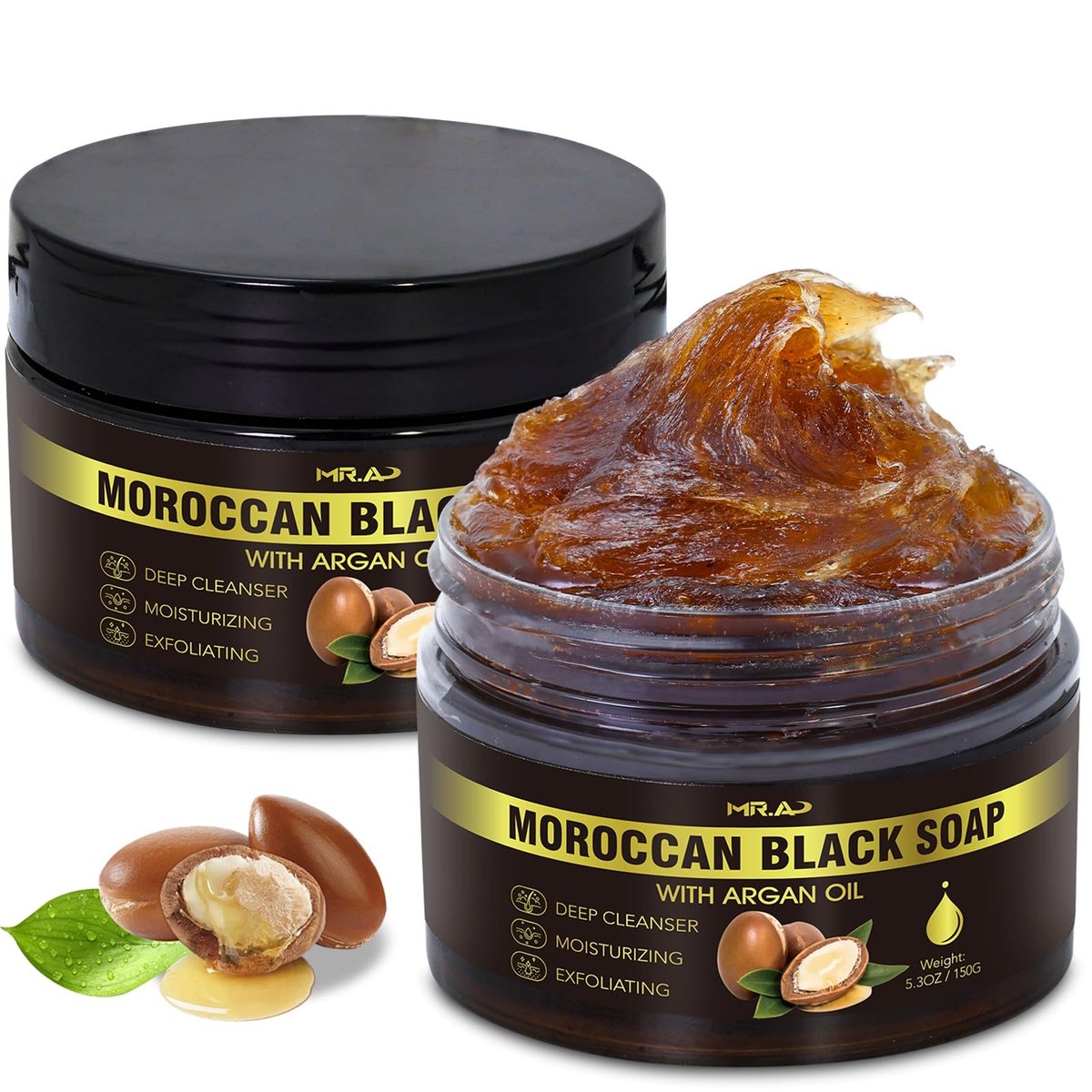 2Pack Moroccan Black Soap with Argan Oil - Beldi Soap for Hammam Ritual Body Scrub, Dead Skin Removal, Purifying Body Wash with Exfoliating Glove - görsel 1