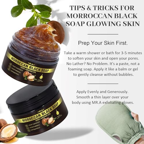 2Pack Moroccan Black Soap with Argan Oil - Beldi Soap for Hammam Ritual Body Scrub, Dead Skin Removal, Purifying Body Wash with Exfoliating Glove - görsel 14