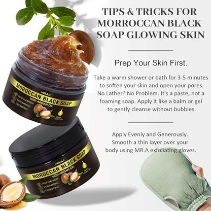 2Pack Moroccan Black Soap with Argan Oil - Beldi Soap for Hammam Ritual Body Scrub, Dead Skin Removal, Purifying Body Wash with Exfoliating Glove