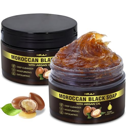 2Pack Moroccan Black Soap with Argan Oil - Beldi Soap for Hammam Ritual Body Scrub, Dead Skin Removal, Purifying Body Wash with Exfoliating Glove - görsel 2