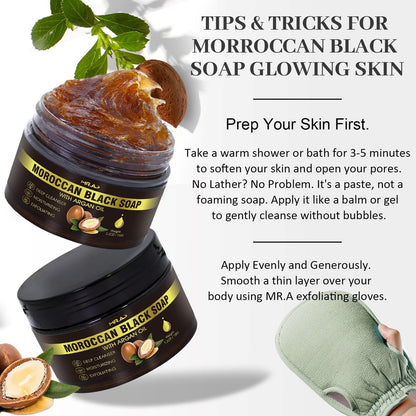 2Pack Moroccan Black Soap with Argan Oil - Beldi Soap for Hammam Ritual Body Scrub, Dead Skin Removal, Purifying Body Wash with Exfoliating Glove