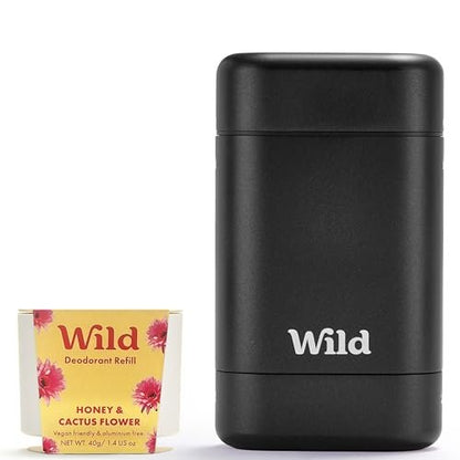 Wild Refillable Deodorant Starter Kit - Black Case with Honey & Cactus Flower Refill 1.4oz - Aluminum Free, Long Lasting, Vegan Avelisse