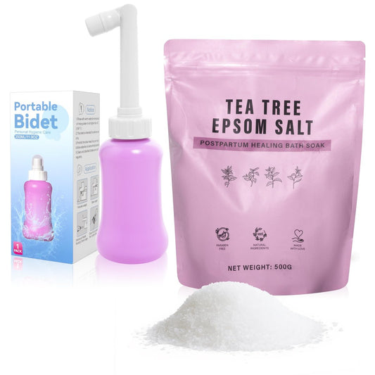 Peri Bottle & Sitz Bath Soak Set for Postpartum Care - Portable Bidet and Bath Salts for Perineal Cleansing