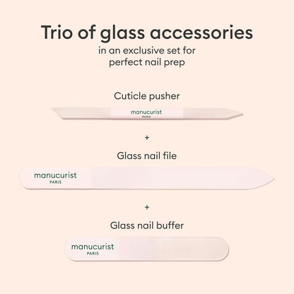 Manucurist Glass Nail Accessory Trio – Exclusive Tube Set with Glass Nail File, Buffer, and Cuticle Pusher – Manicure Tools Set for Women – Nail Care Accessories