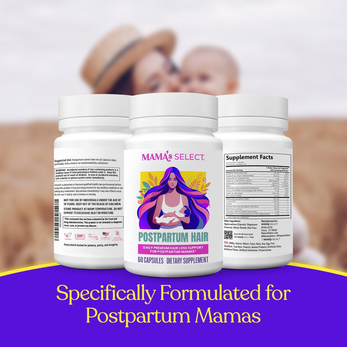 Mama’s Select Postpartum Hair Loss Vitamins – Reduce Shedding, Restore Thickness, Shine & Strength – Safe for Breastfeeding Avelisse