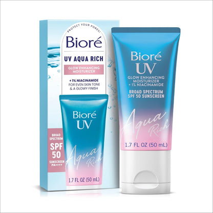 Bioré UV Aqua Rich Glow Enhancing Moisturizer with SPF 50, 1% Niacinamide Facial Sunscreen, 1.7 oz