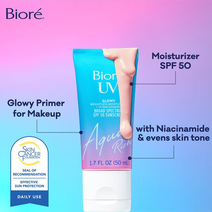 Bioré UV Aqua Rich Glow Enhancing Moisturizer with SPF 50, 1% Niacinamide Facial Sunscreen, 1.7 oz