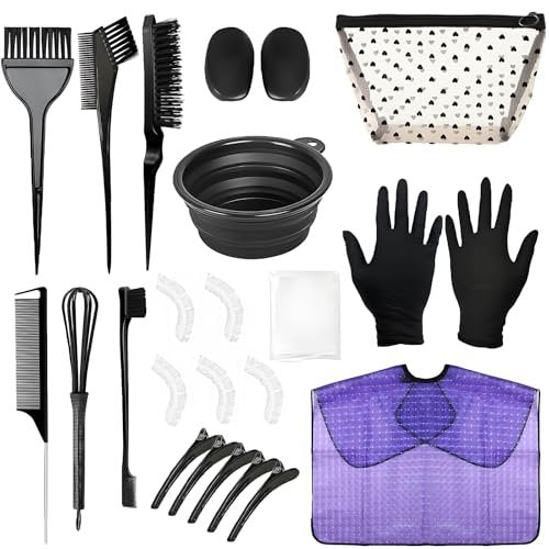 26 Pcs Hair Dye Kit - Complete Hair Coloring Tools Set with Tinting Bowl, Agitator, Dye Brushes, Ear Covers, Hair Clips, Cape & More for Salon Use & Home DIY Bleaching, Coloring - görsel 2