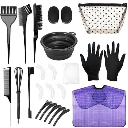 26 Pcs Hair Dye Kit - Complete Hair Coloring Tools Set with Tinting Bowl, Agitator, Dye Brushes, Ear Covers, Hair Clips, Cape & More for Salon Use & Home DIY Bleaching, Coloring