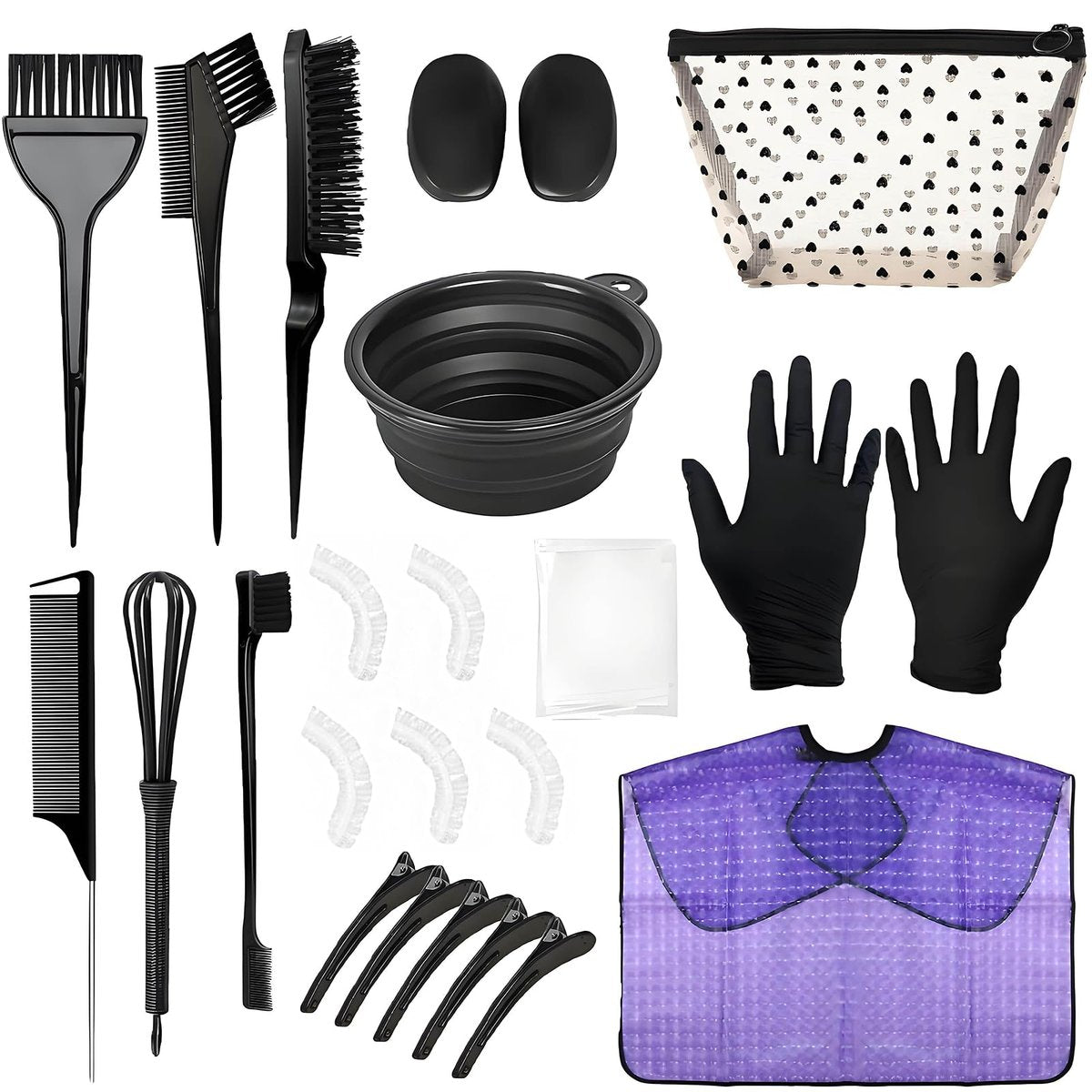 26 Pcs Hair Dye Kit - Complete Hair Coloring Tools Set with Tinting Bowl, Agitator, Dye Brushes, Ear Covers, Hair Clips, Cape & More for Salon Use & Home DIY Bleaching, Coloring - görsel 1