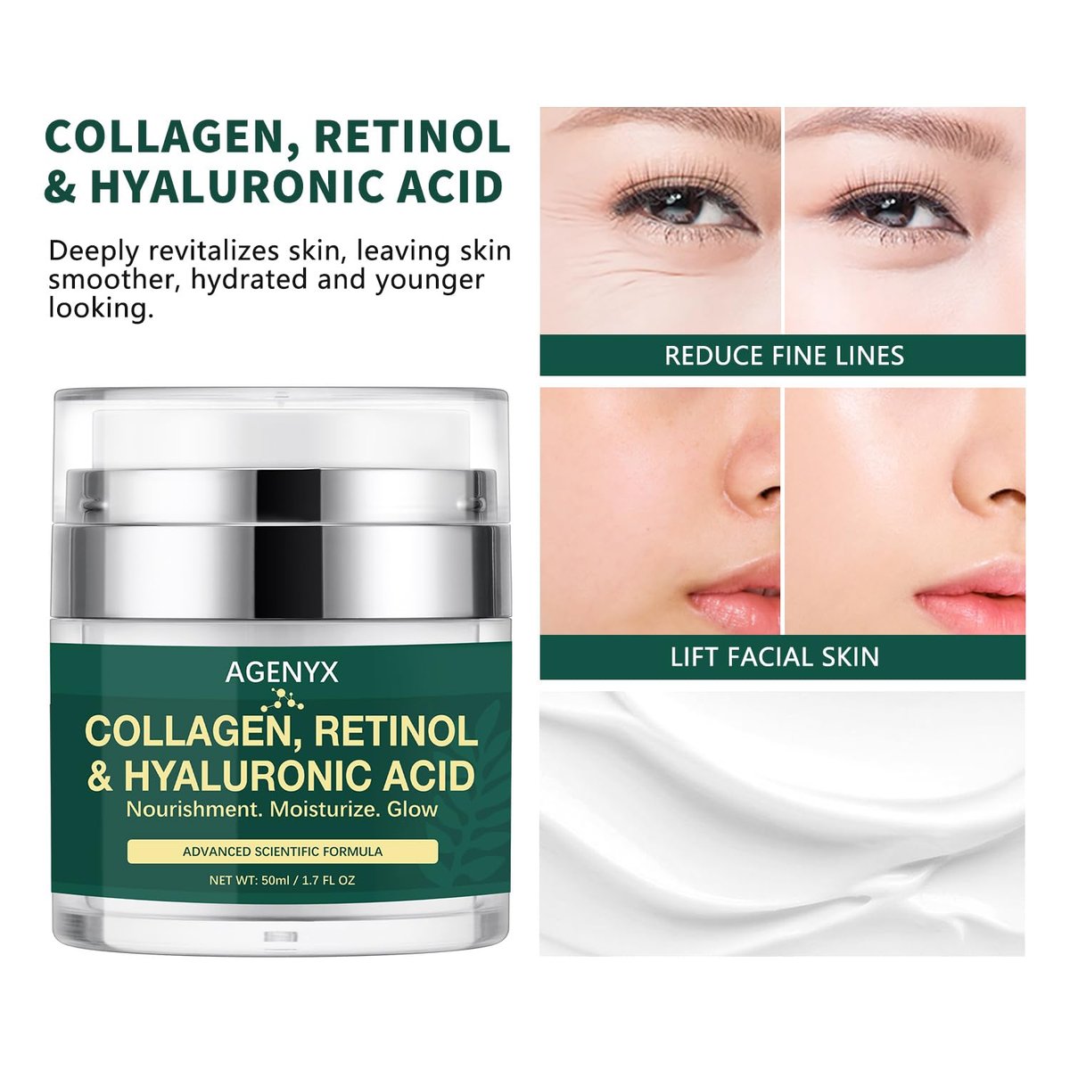 Agenyx Retinol Cream Face Moisturizer with Collagen & Hyaluronic Acid - Anti Aging Wrinkle Repair Night Cream for Women & Men, 1.7 oz - görsel 8