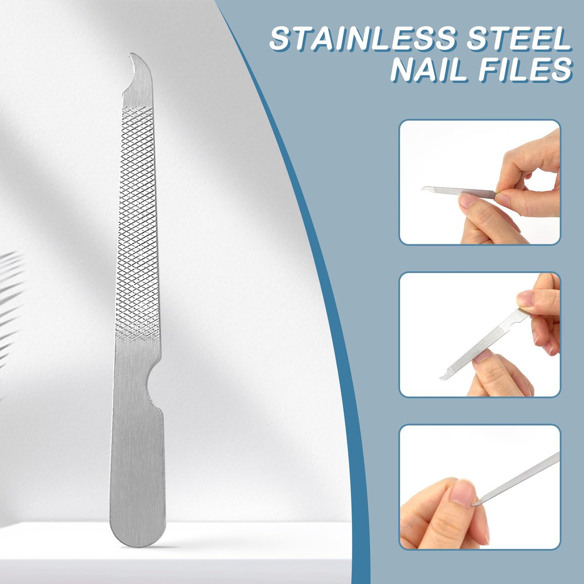 BlingKingdom 3-Pack Stainless Steel Nail Files – Double Sided Metal Nail File with Curved Sharp Point for Salon & Home Manicure (Silver) - görsel 3