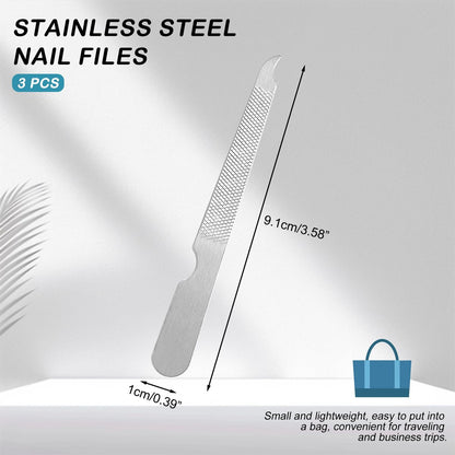 BlingKingdom 3-Pack Stainless Steel Nail Files – Double Sided Metal Nail File with Curved Sharp Point for Salon & Home Manicure (Silver)