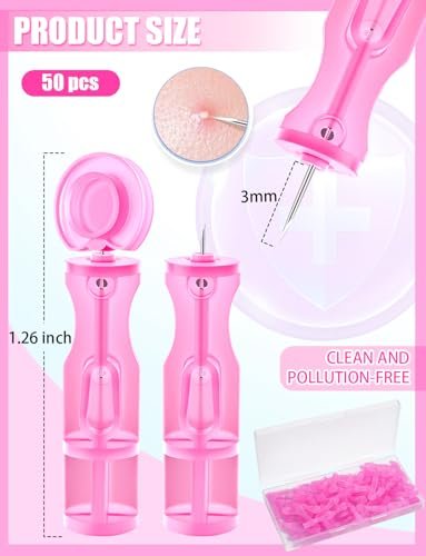 50 Pack Disposable Lancets for Facial Extraction – Stainless Steel Acne Needle Tools for Blackhead Removal, Pink