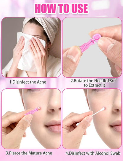 50 Pack Disposable Lancets for Facial Extraction – Stainless Steel Acne Needle Tools for Blackhead Removal, Pink