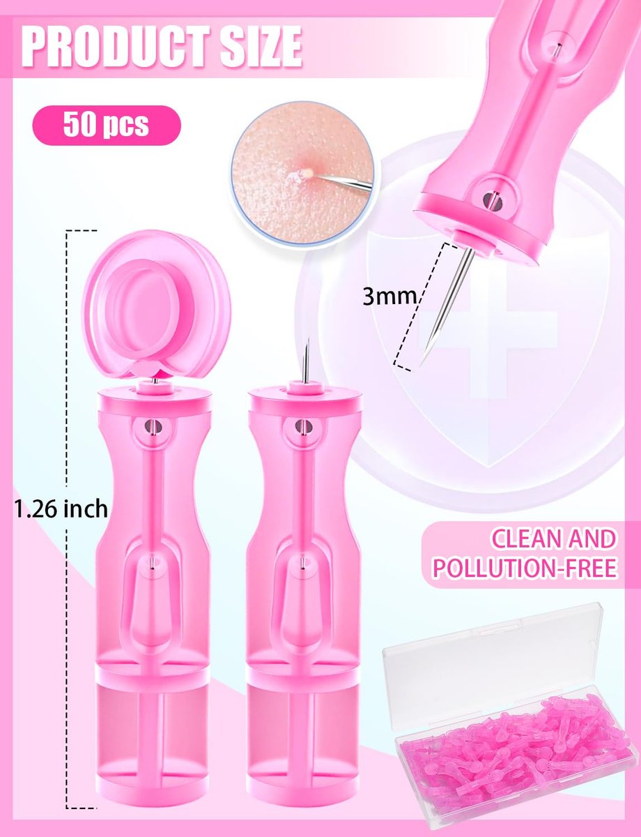 50 Pack Disposable Lancets for Facial Extraction – Stainless Steel Acne Needle Tools for Blackhead Removal, Pink - görsel 3
