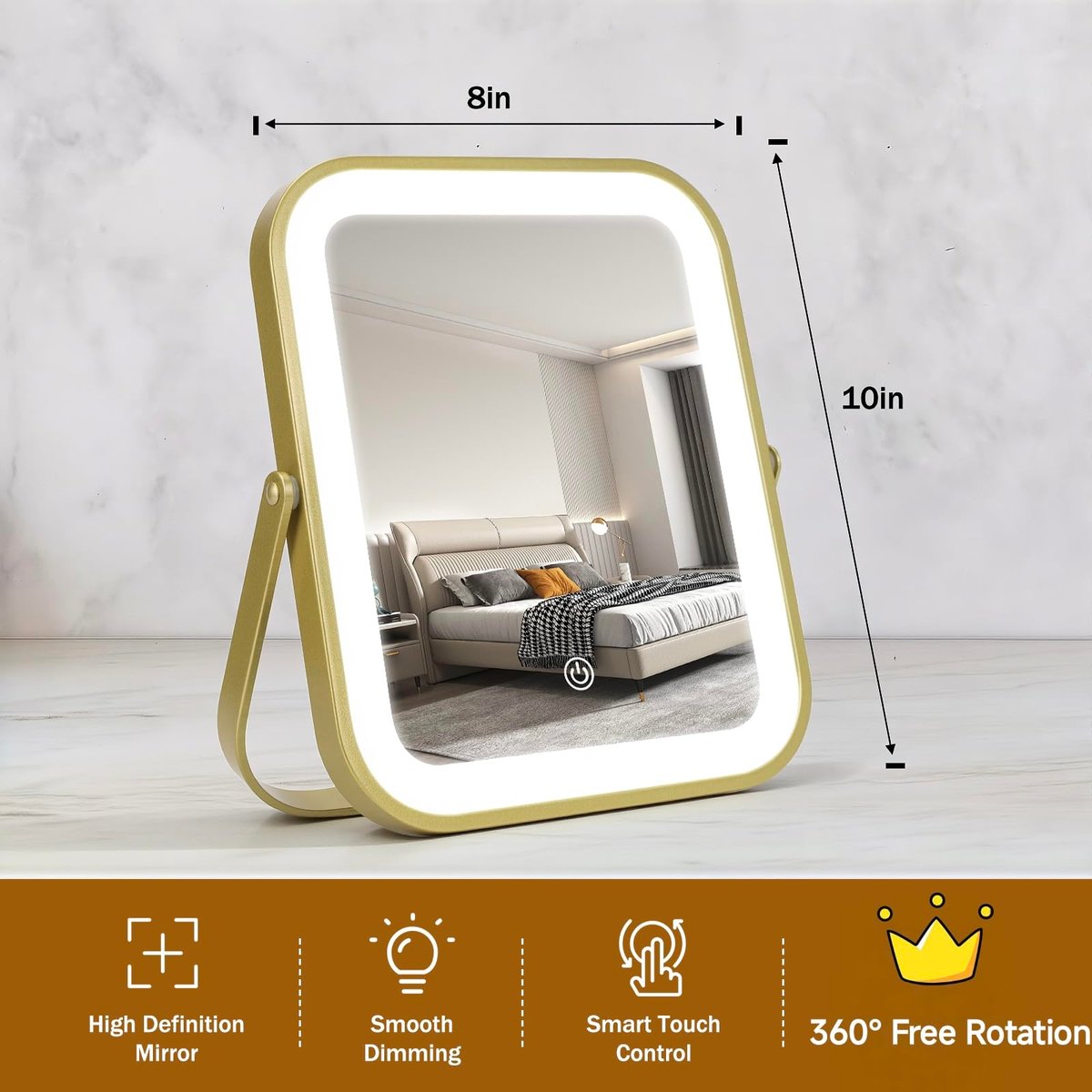 Gold Vanity Mirror with Lights, 8" x 10" Lighted Mirror with 3-Color Dimmable LED, 360° Rotation, Portable HD Makeup Mirror for Bedroom, Travel - görsel 3