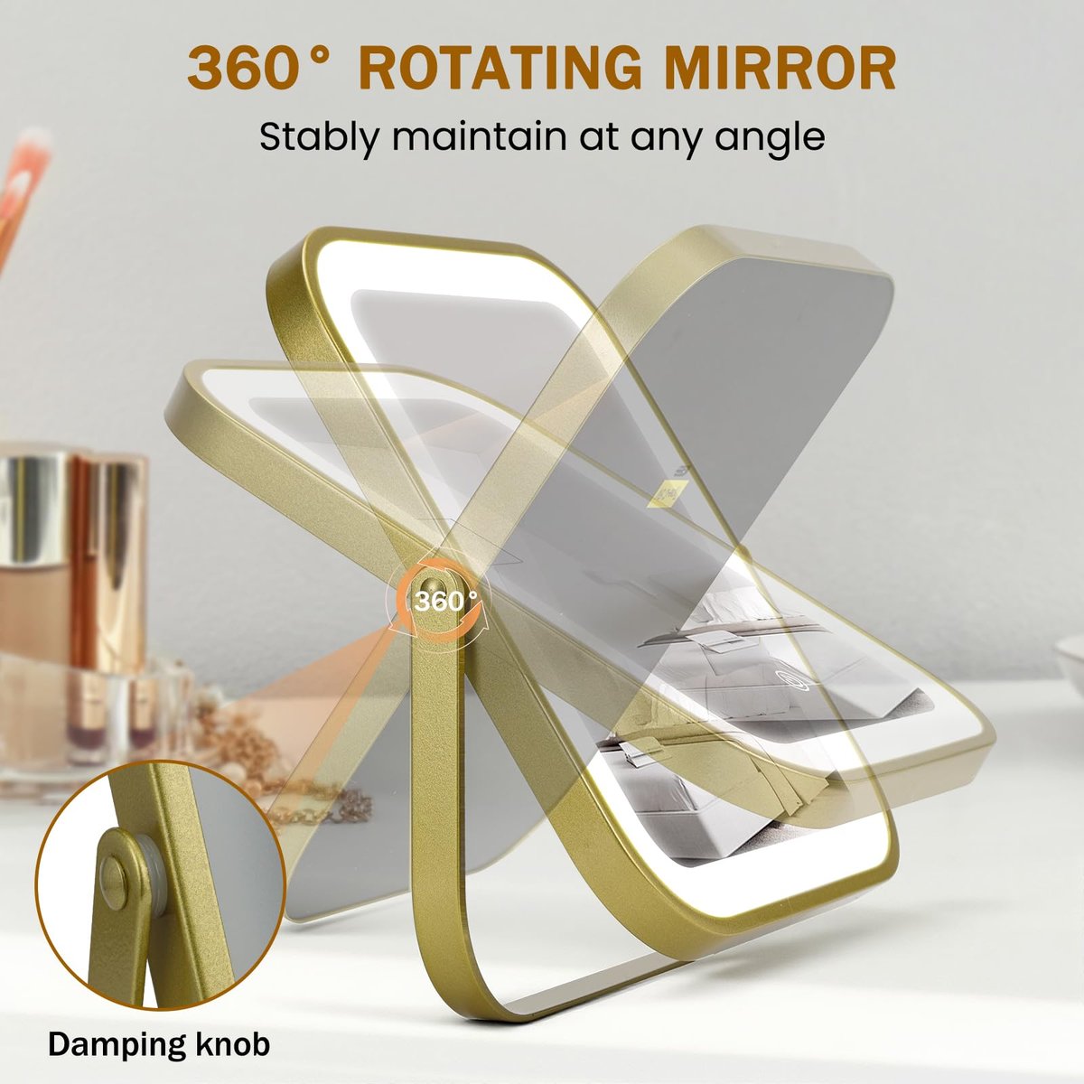 Gold Vanity Mirror with Lights, 8" x 10" Lighted Mirror with 3-Color Dimmable LED, 360° Rotation, Portable HD Makeup Mirror for Bedroom, Travel - görsel 9