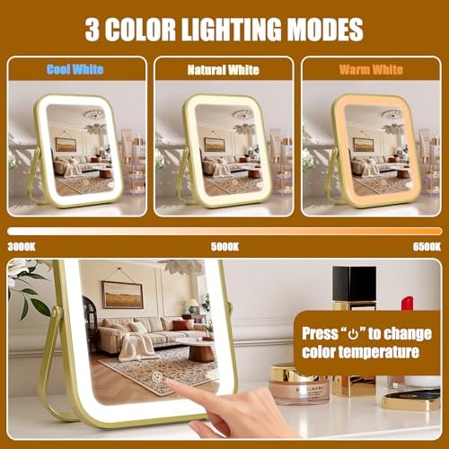 Gold Vanity Mirror with Lights, 8" x 10" Lighted Mirror with 3-Color Dimmable LED, 360° Rotation, Portable HD Makeup Mirror for Bedroom, Travel - görsel 6