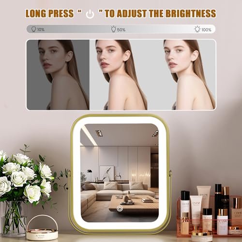 Gold Vanity Mirror with Lights, 8" x 10" Lighted Mirror with 3-Color Dimmable LED, 360° Rotation, Portable HD Makeup Mirror for Bedroom, Travel - görsel 8