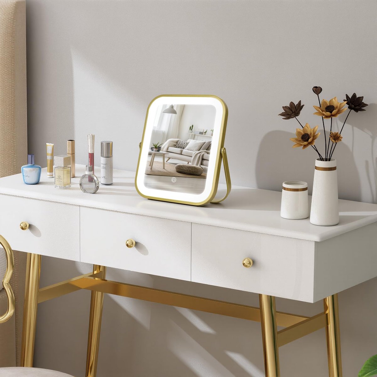 Gold Vanity Mirror with Lights, 8" x 10" Lighted Mirror with 3-Color Dimmable LED, 360° Rotation, Portable HD Makeup Mirror for Bedroom, Travel - görsel 13