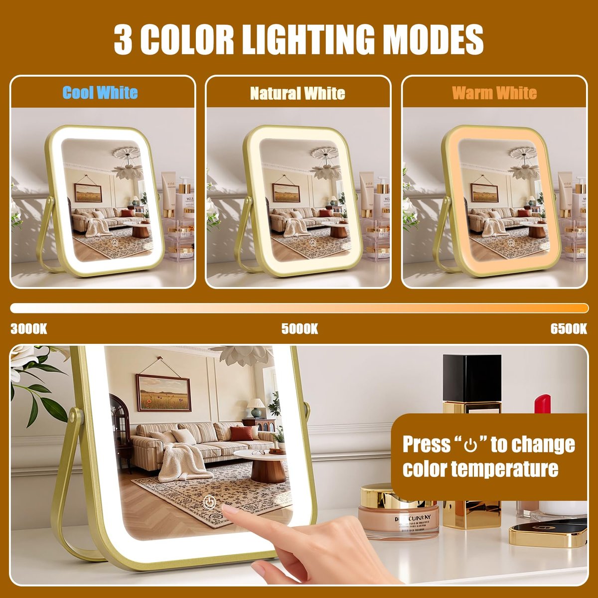 Gold Vanity Mirror with Lights, 8" x 10" Lighted Mirror with 3-Color Dimmable LED, 360° Rotation, Portable HD Makeup Mirror for Bedroom, Travel - görsel 5
