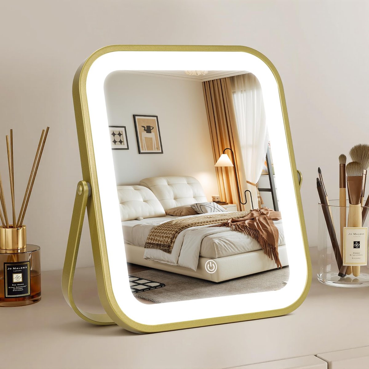 Gold Vanity Mirror with Lights, 8" x 10" Lighted Mirror with 3-Color Dimmable LED, 360° Rotation, Portable HD Makeup Mirror for Bedroom, Travel - görsel 1