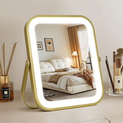 Gold Vanity Mirror with Lights, 8" x 10" Lighted Mirror with 3-Color Dimmable LED, 360° Rotation, Portable HD Makeup Mirror for Bedroom, Travel
