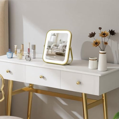 Gold Vanity Mirror with Lights, 8" x 10" Lighted Mirror with 3-Color Dimmable LED, 360° Rotation, Portable HD Makeup Mirror for Bedroom, Travel