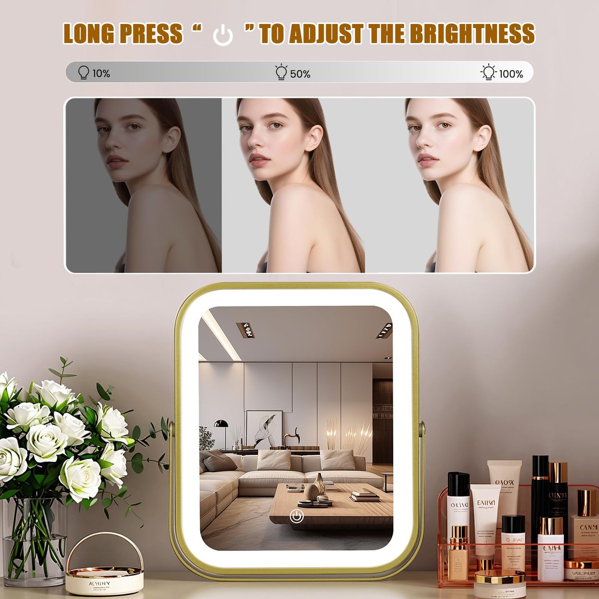 Gold Vanity Mirror with Lights, 8" x 10" Lighted Mirror with 3-Color Dimmable LED, 360° Rotation, Portable HD Makeup Mirror for Bedroom, Travel - görsel 7