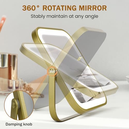 Gold Vanity Mirror with Lights, 8" x 10" Lighted Mirror with 3-Color Dimmable LED, 360° Rotation, Portable HD Makeup Mirror for Bedroom, Travel - görsel 10