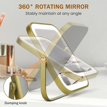 Gold Vanity Mirror with Lights, 8" x 10" Lighted Mirror with 3-Color Dimmable LED, 360° Rotation, Portable HD Makeup Mirror for Bedroom, Travel