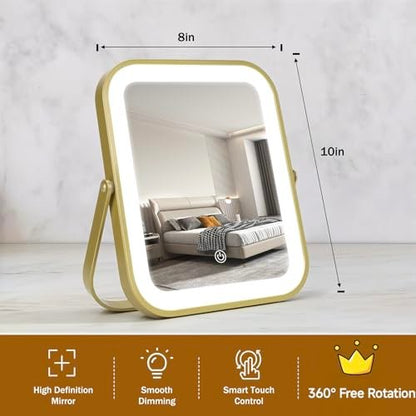 Gold Vanity Mirror with Lights, 8" x 10" Lighted Mirror with 3-Color Dimmable LED, 360° Rotation, Portable HD Makeup Mirror for Bedroom, Travel