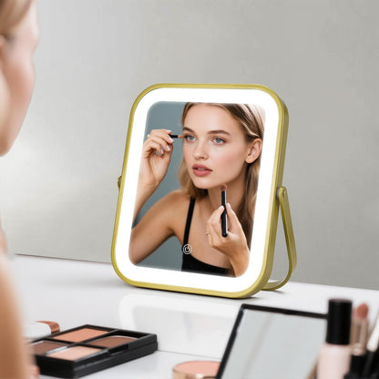 Gold Vanity Mirror with Lights, 8" x 10" Lighted Mirror with 3-Color Dimmable LED, 360° Rotation, Portable HD Makeup Mirror for Bedroom, Travel