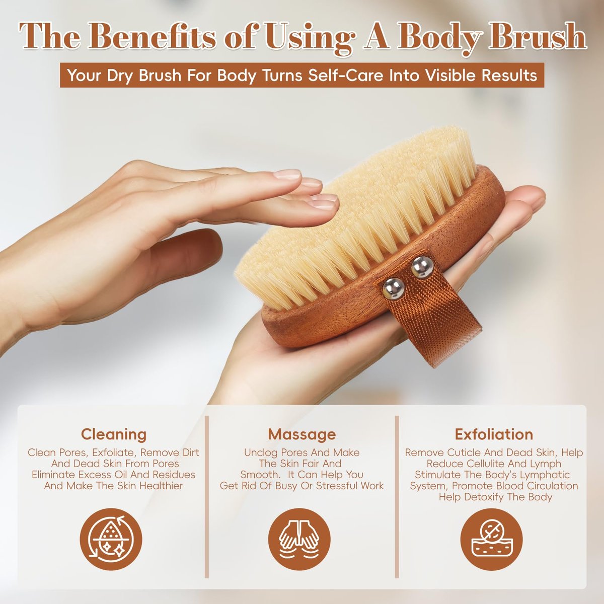 DEBETOOL Dry Brushing Body Brush – Natural Boar Bristle Body Brush for Lymphatic Drainage, Cellulite & Circulation (Medium Hardness, Wooden Handle) - görsel 5