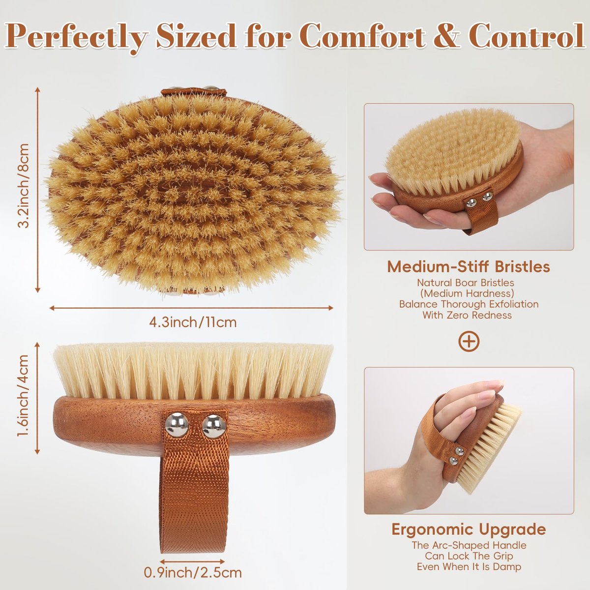 DEBETOOL Dry Brushing Body Brush – Natural Boar Bristle Body Brush for Lymphatic Drainage, Cellulite & Circulation (Medium Hardness, Wooden Handle) - görsel 3