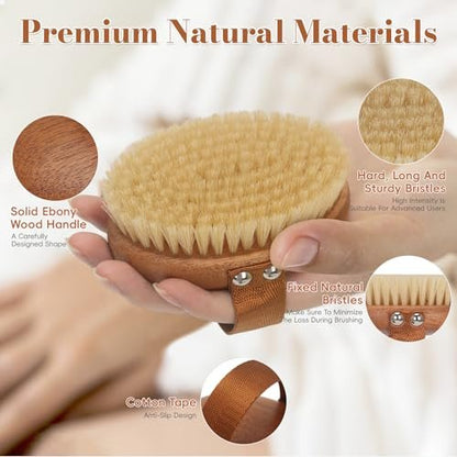 DEBETOOL Dry Brushing Body Brush – Natural Boar Bristle Body Brush for Lymphatic Drainage, Cellulite & Circulation (Medium Hardness, Wooden Handle)