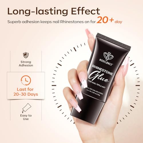 Modelones 4-in-1 Rhinestone Glue – Super Strong for Press On Nails, Gems, Charms & Rhinestones, No Wipe Nail Art Glue, 30g Cured Needed - görsel 6