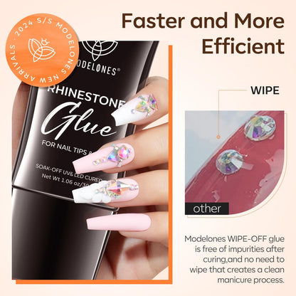 Modelones 4-in-1 Rhinestone Glue – Super Strong for Press On Nails, Gems, Charms & Rhinestones, No Wipe Nail Art Glue, 30g Cured Needed