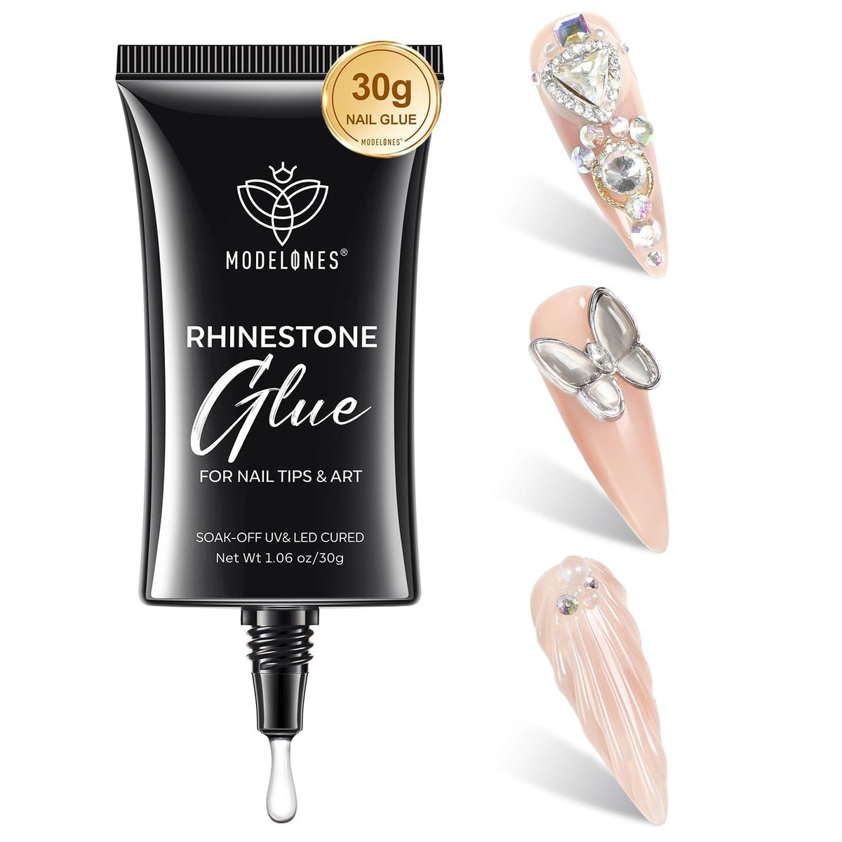 Modelones 4-in-1 Rhinestone Glue – Super Strong for Press On Nails, Gems, Charms & Rhinestones, No Wipe Nail Art Glue, 30g Cured Needed - görsel 1