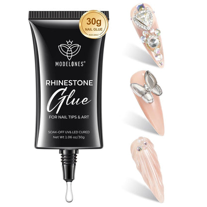 Modelones 4-in-1 Rhinestone Glue – Super Strong for Press On Nails, Gems, Charms & Rhinestones, No Wipe Nail Art Glue, 30g Cured Needed