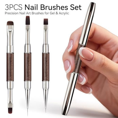 Nail Art Clean Up Brushes, Dual-End French Tip Brush 3PCS Set - Flat/Oval/Angled Dual Head Gel Nail Brushes for Polish Mistakes, Cuticle Cleaning, Acrylic & Polygel Nail Design Painting DIY Tools Avelisse