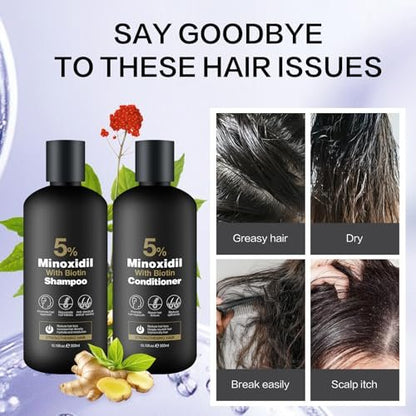 Minoxidil Shampoo & Conditioner Set for Hair Growth – Biotin, Ginseng & Ginger – Supports Thicker, Fuller Hair – Scalp Care Formula – For Men & Women – 600ml Duo